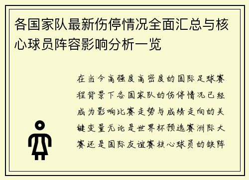 各国家队最新伤停情况全面汇总与核心球员阵容影响分析一览